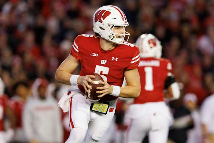 Madison, Wisconsin, USA; Wisconsin Badgers quarterback Graham Mertz (5) during the game against the Minnesota Golden Gophers at Camp Randall Stadium.